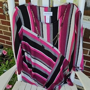 Alfred Dunner Pink, Black, and Gray Striped Top